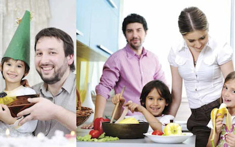 Two fathers play and cook with their children and partners.