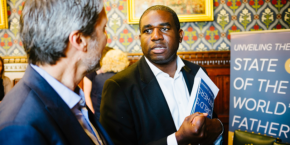 Equimundo International Director and State of the World’s Fathers co-author Gary Barker speaks with David Lammy, MP and mayoral candidate, at the London launch of the report. Credit: Ashley Jones
