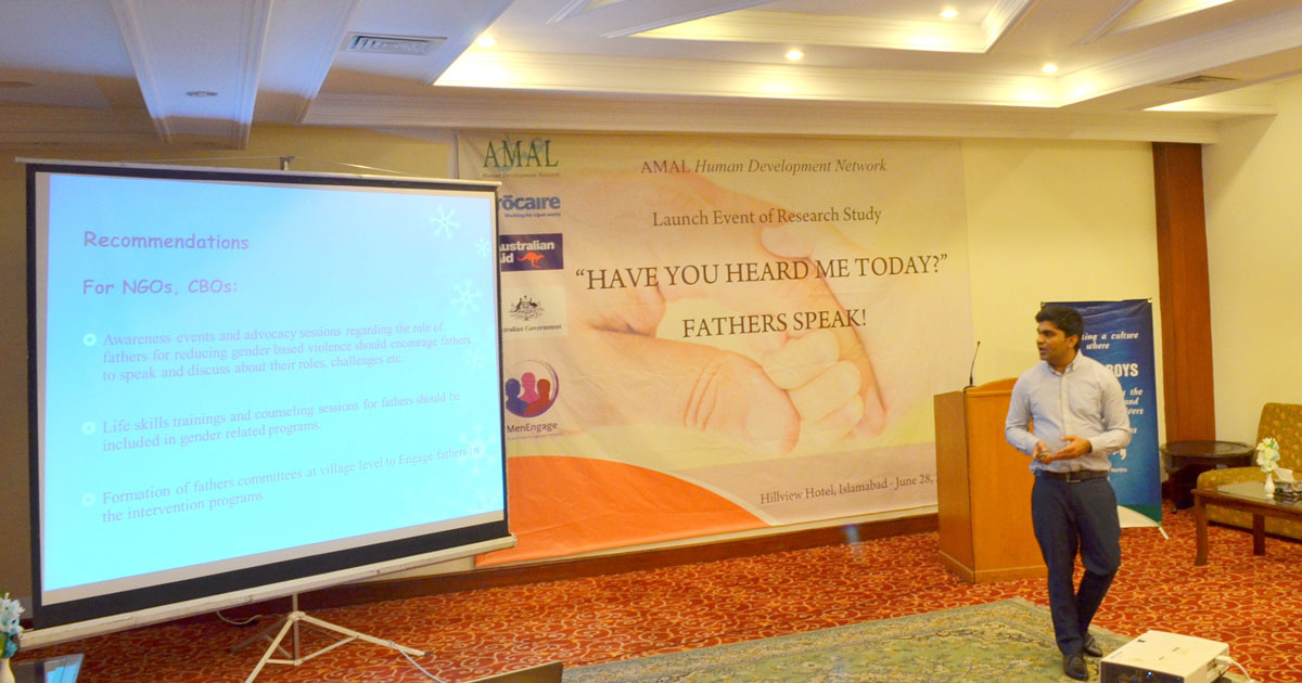 A presenter at AMAL's fatherhood research launch event in Islamabad, Pakistan on June 28, 2016.