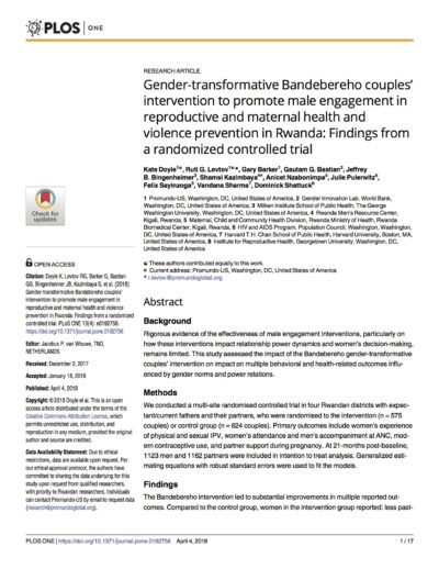 Gender-transformative Bandebereho couples’ intervention to promote male engagement in reproductive and maternal health and violence prevention in Rwanda