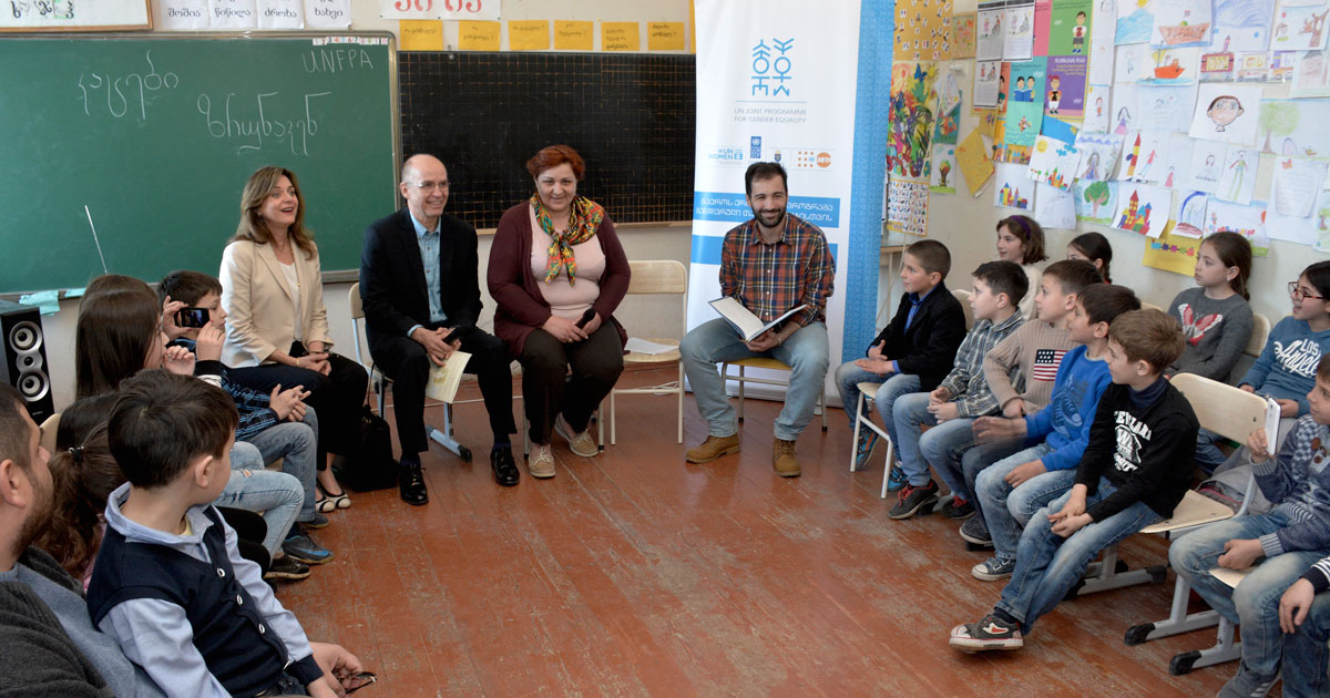 Mr. Kulessa and Mr. Lortkipanidze read books for children at Telavi Public School #1 in Georgia. Photo by Vladimer Valishvili.